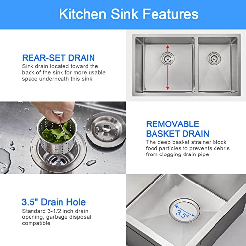 ROVOGO 33x19x9 in. Undermount 60/40 Double Bowl Kitchen Sink, Stainless Steel Sink Deep Handmade 2 Offset Basin with Basket Strainer, Brushed