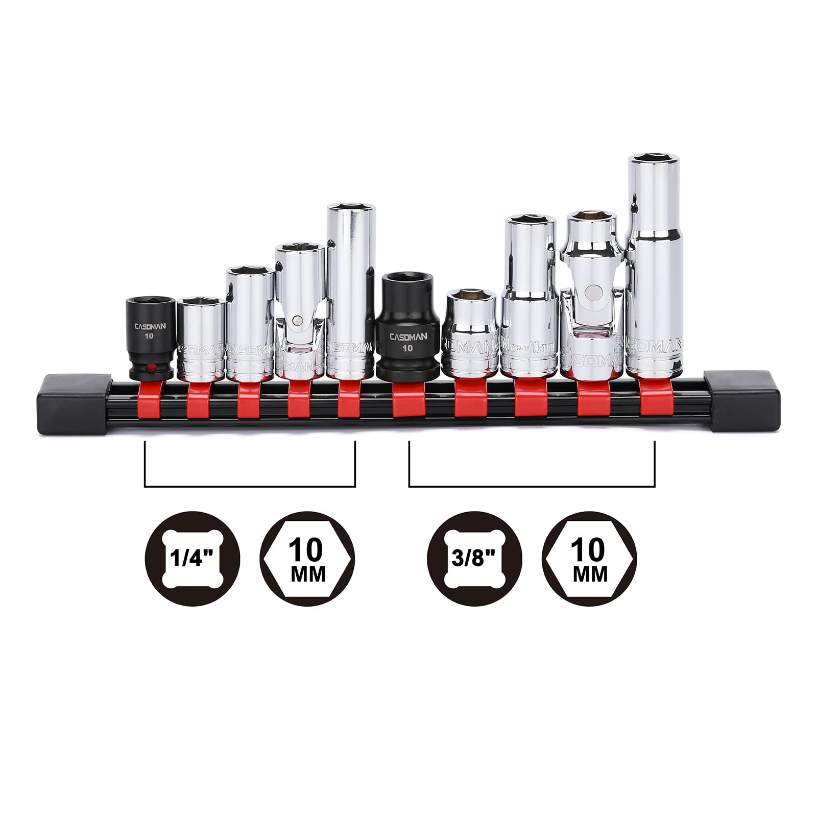 CASOMAN 10Pcs Impact Socket & Flex Socket Set, 1/4" & 3/8" Dr., 6-Point, 10mm, Metric, Include Magnetic impacet Socket, Storage Rail