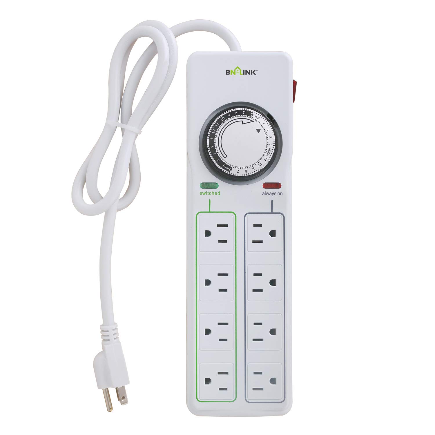 BN-LINK 8 Outlet Surge Protector with Mechanical Timer (4 Outlets Timed, 4 Outlets Always On),6.6FT Extension Cord Flat Plug, White Surge Protector Power Strip with 6AC Outlets 4 USB Ports