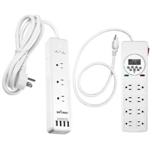 bn-link 8 outlet surge protector with 7-day digital timer (4 outlets timed, 4 outlets always on),6.6ft extension cord flat plug, white surge protector power strip with 3ac outlets 4 usb ports