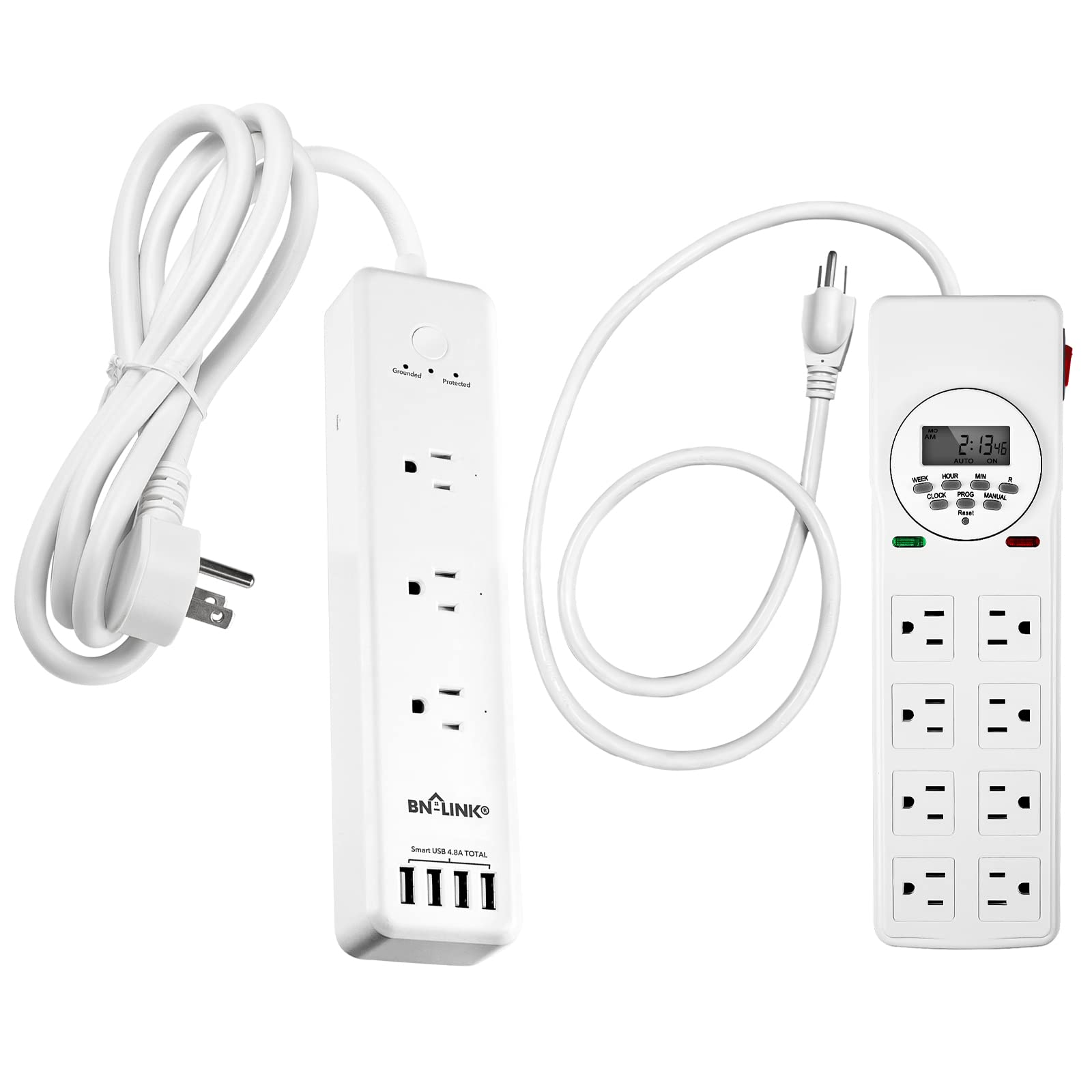 BN-LINK 8 Outlet Surge Protector with 7-Day Digital Timer (4 Outlets Timed, 4 Outlets Always On),6.6FT Extension Cord Flat Plug, White Surge Protector Power Strip with 3AC Outlets 4 USB Ports