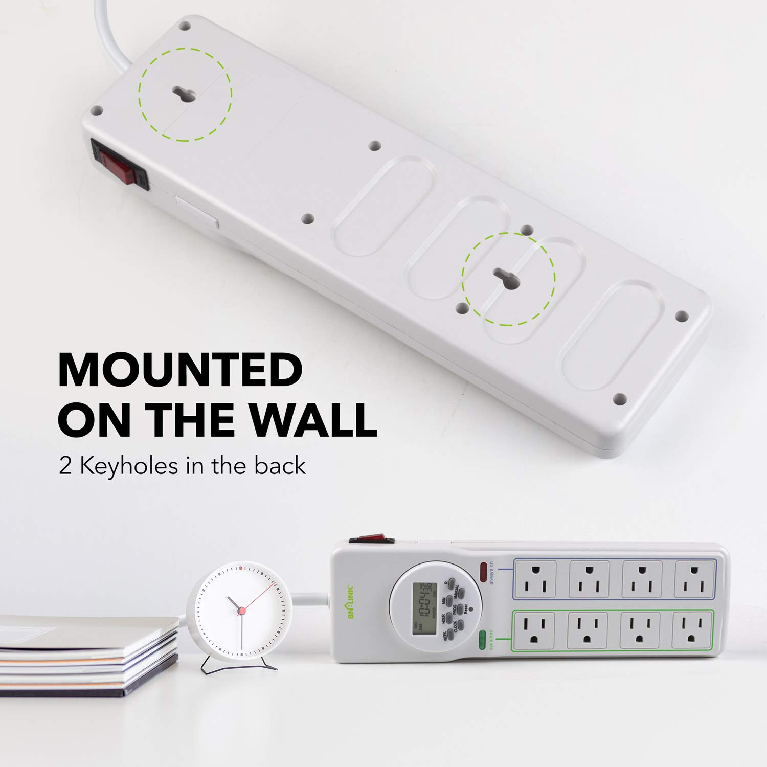 BN-LINK 8 Outlet Surge Protector with 7-Day Digital Timer (4 Outlets Timed, 4 Outlets Always On),6.6FT Extension Cord Flat Plug, White Surge Protector Power Strip with 3AC Outlets 4 USB Ports