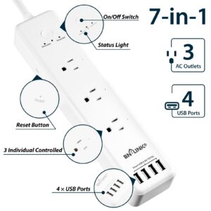 BN-LINK 8 Outlet Surge Protector with 7-Day Digital Timer (4 Outlets Timed, 4 Outlets Always On),6.6FT Extension Cord Flat Plug, White Surge Protector Power Strip with 3AC Outlets 4 USB Ports