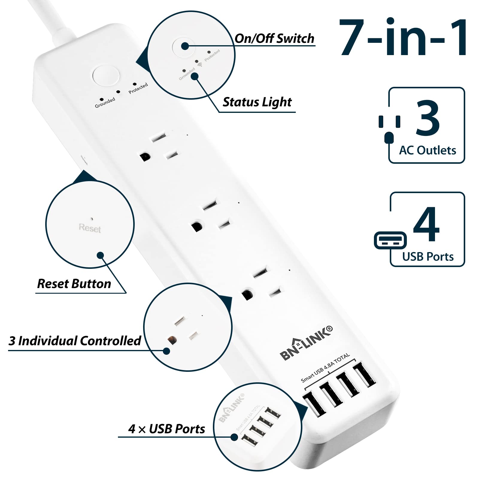 BN-LINK 8 Outlet Surge Protector with 7-Day Digital Timer (4 Outlets Timed, 4 Outlets Always On),6.6FT Extension Cord Flat Plug, White Surge Protector Power Strip with 3AC Outlets 4 USB Ports