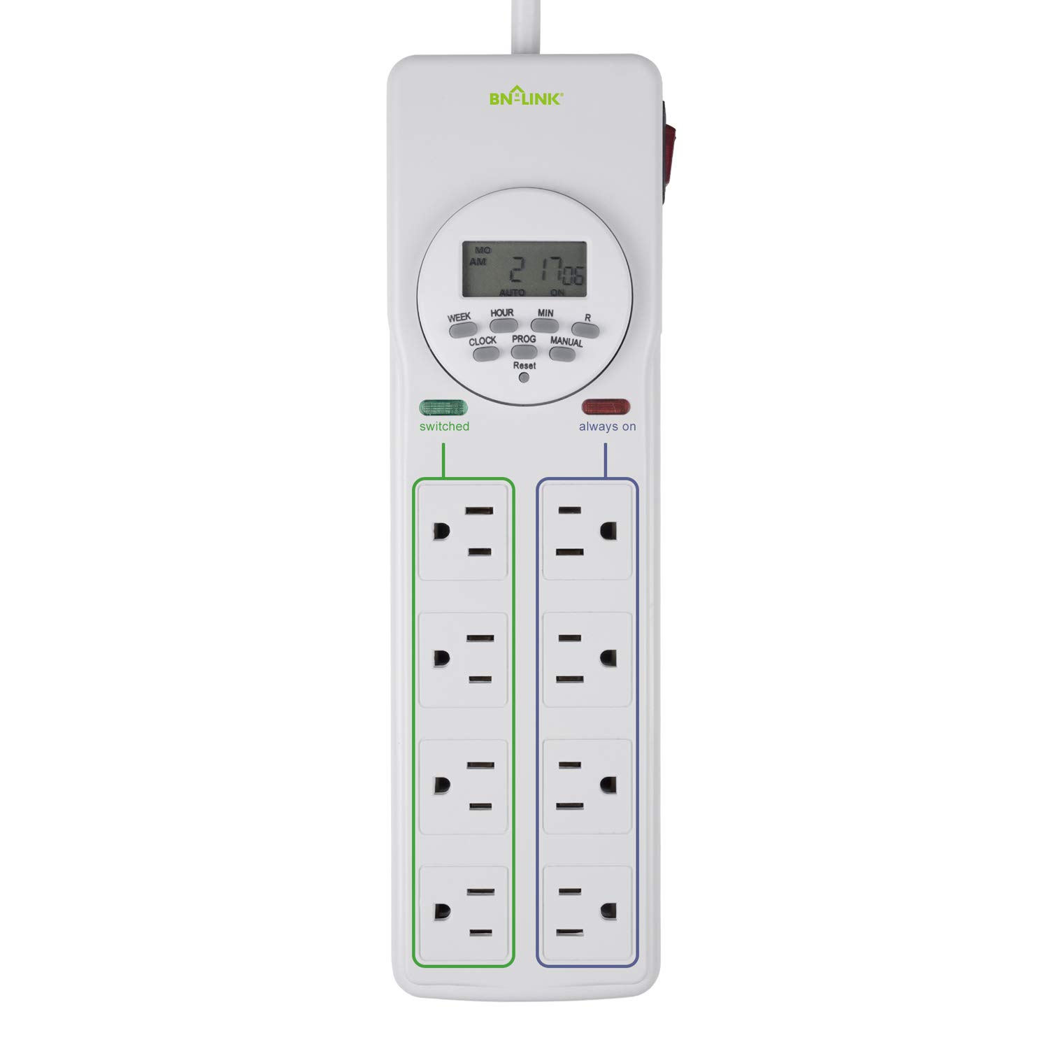 BN-LINK 8 Outlet Surge Protector with 7-Day Digital Timer (4 Outlets Timed, 4 Outlets Always On),6.6FT Extension Cord Flat Plug, White Surge Protector Power Strip with 3AC Outlets 4 USB Ports