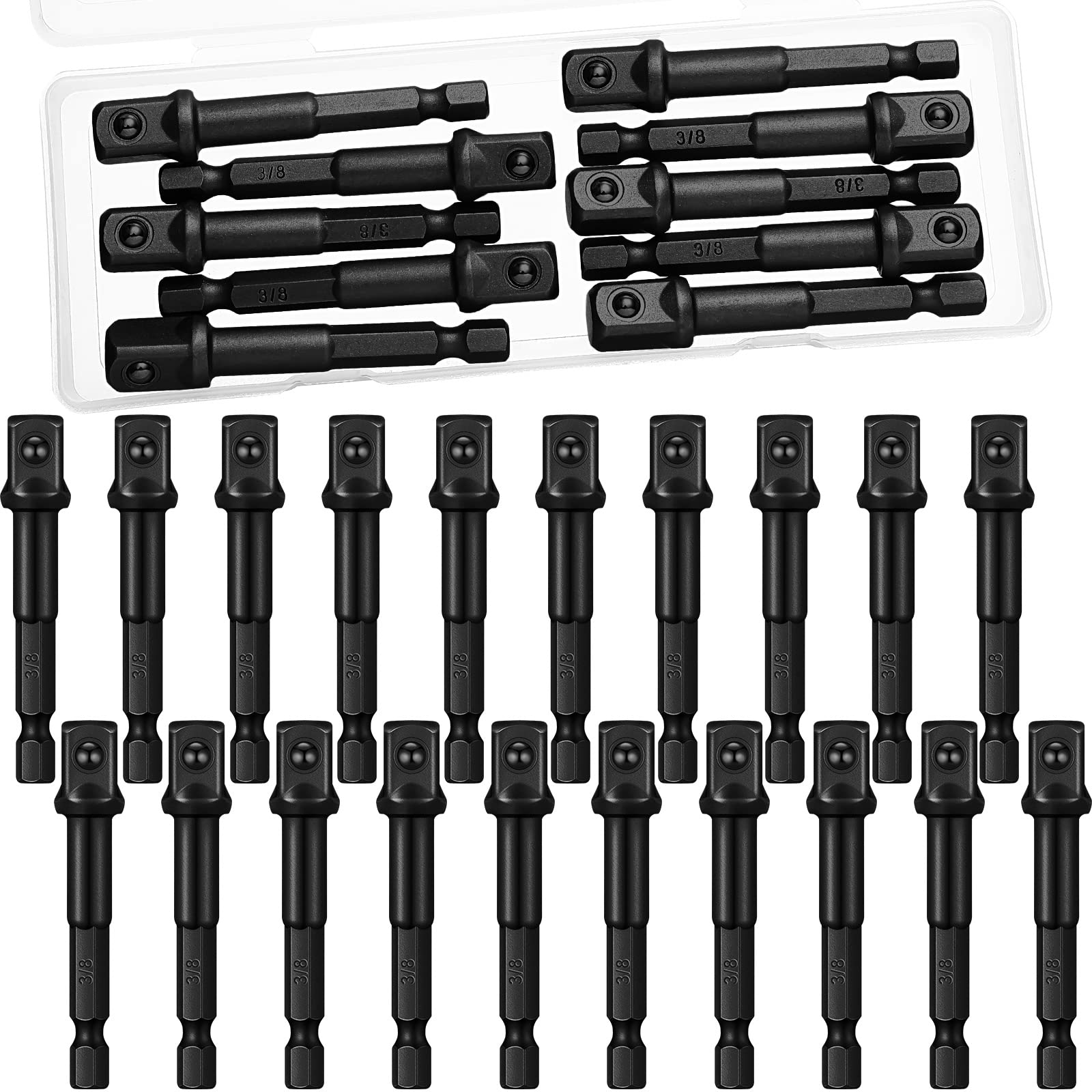 20 Pieces 3/8 inch Impact Adapter Square Socket Bit Adapter Hex Impact Socket for Drills Extension Socket Driver Bits Impact Socket Adapter for Automotive DIY-1/4 Hex Shank (Black)