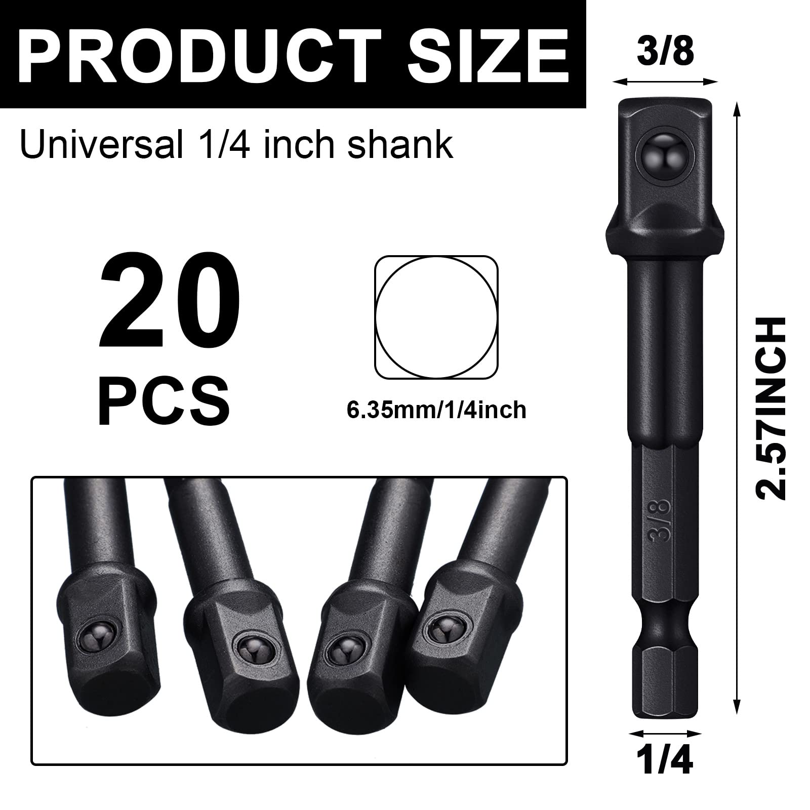 20 Pieces 3/8 inch Impact Adapter Square Socket Bit Adapter Hex Impact Socket for Drills Extension Socket Driver Bits Impact Socket Adapter for Automotive DIY-1/4 Hex Shank (Black)