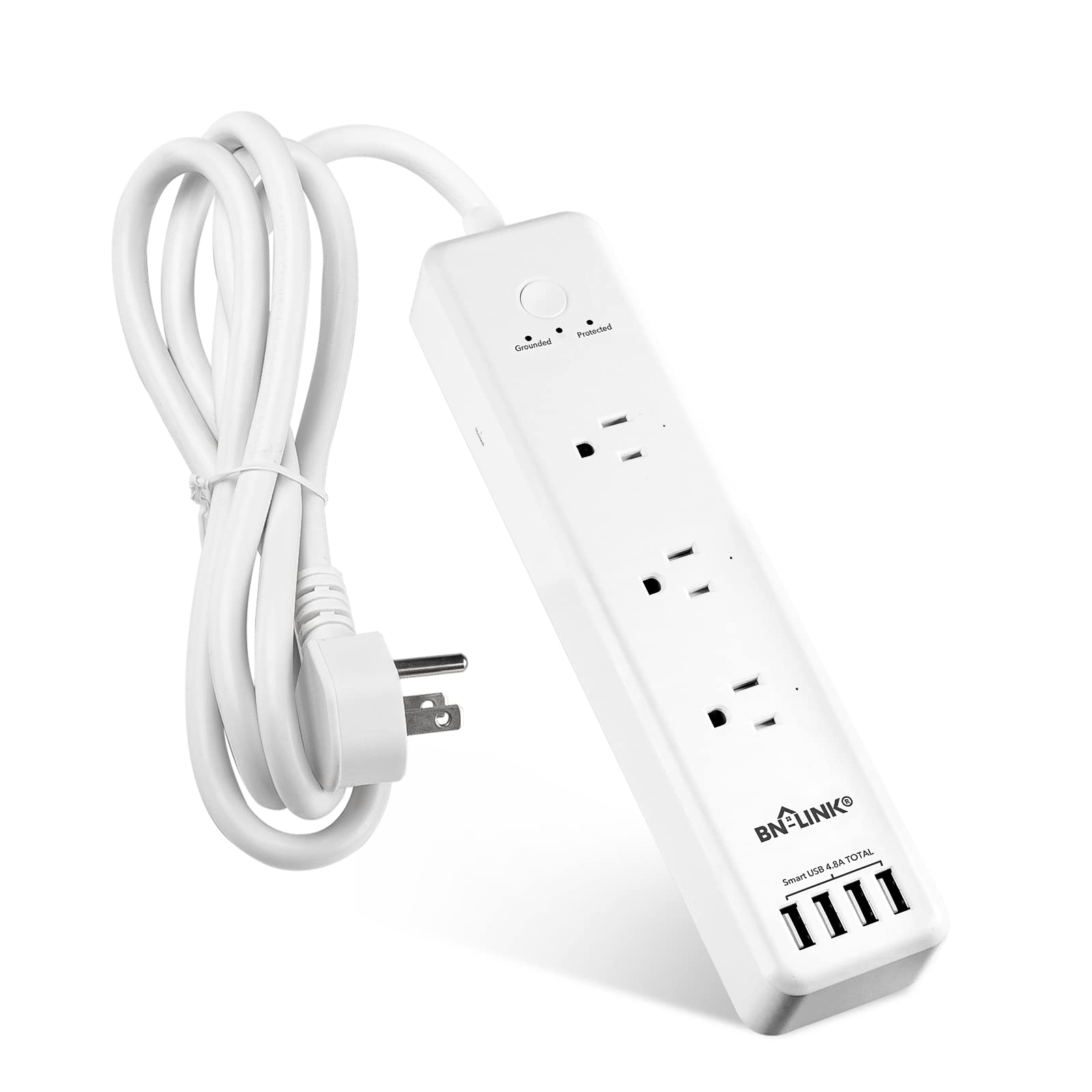 BN-LINK Mini Wireless Remote Control Outlet Switch Power Plug in,6.6FT Extension Cord Flat Plug, White Surge Protector Power Strip with 3AC Outlets 4 USB Ports