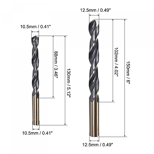 uxcell Drill Bits Set 10.5mm 12.5mm, Titanium Nitride Coated High Speed Steel 4341 Straight Round Shank Drilling Cutter for Stainless Steel Alloy Copper, 3pcs