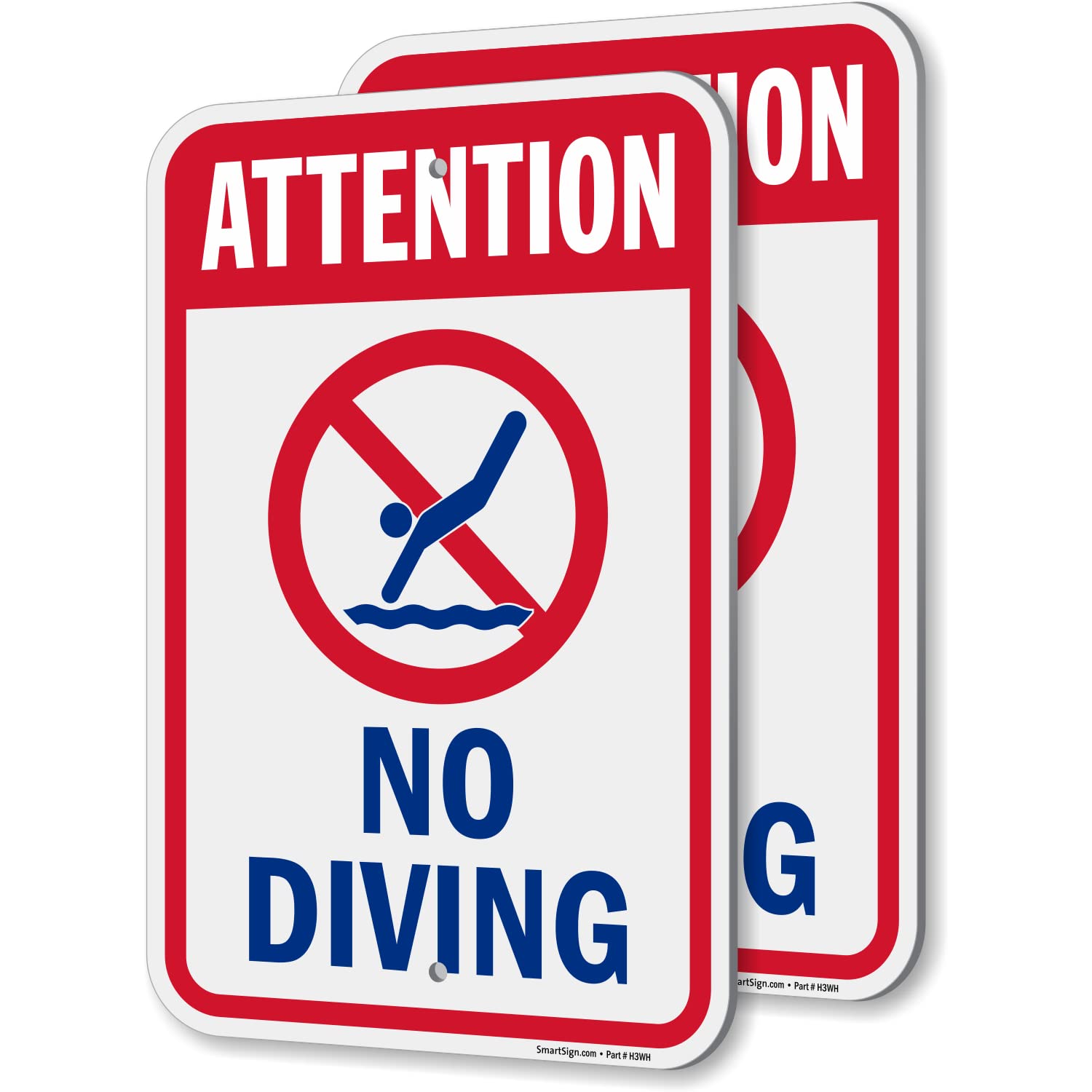 SmartSign Attention No Diving Sign - 2 Pack, 18 x 12 inch, Pool Sign, 2mm Aluminum Composite, Pre-Drilled Holes, Red/Blue on White