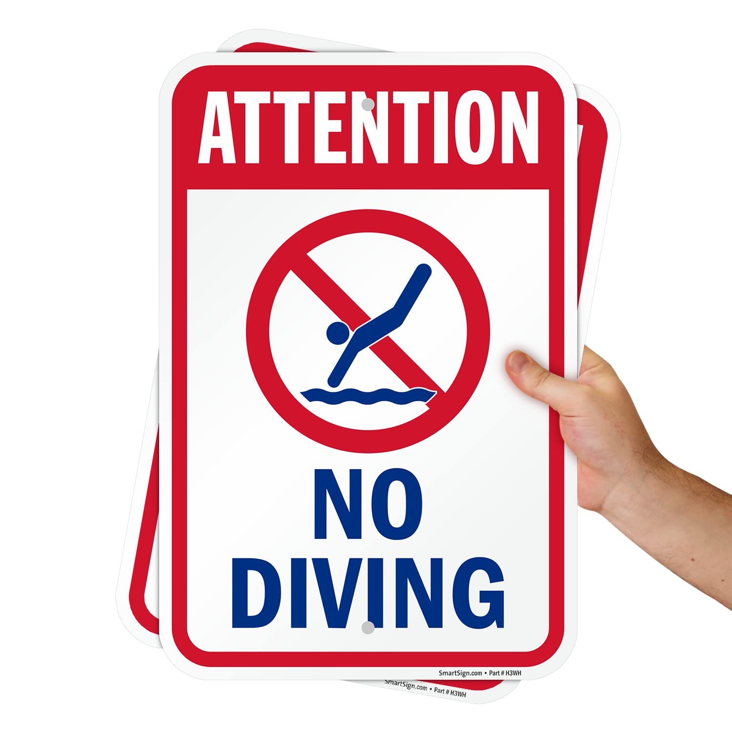 SmartSign Attention No Diving Sign - 2 Pack, 18 x 12 inch, Pool Sign, 2mm Aluminum Composite, Pre-Drilled Holes, Red/Blue on White