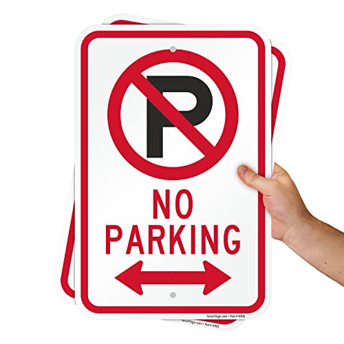 SmartSign No Parking Sign with Bidirectional Arrow and Symbol - 2 Pack, 18 x 12 inch, 2mm Aluminum Composite, Red/Black on White