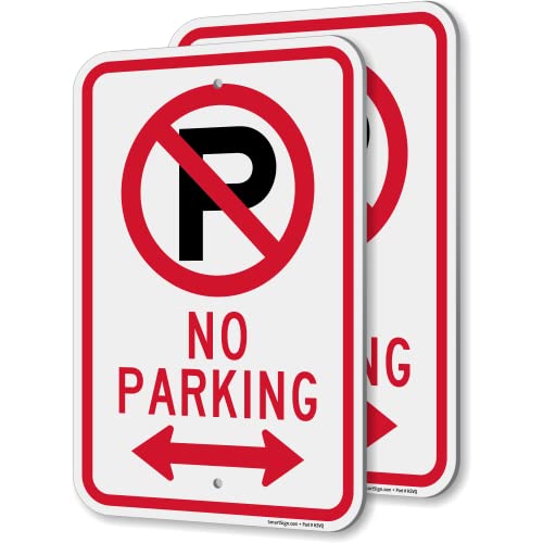 SmartSign No Parking Sign with Bidirectional Arrow and Symbol - 2 Pack, 18 x 12 inch, 2mm Aluminum Composite, Red/Black on White