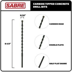 Sabre Tools 5/32 Inch x 5-1/2 Inch Masonry Drill Bit, 10-Pack Concrete Drill Bit, Carbide Tipped for Concrete, Brick, Stone, Half Flat Shank, Impact Performance (5/32" x 5.5", 10)