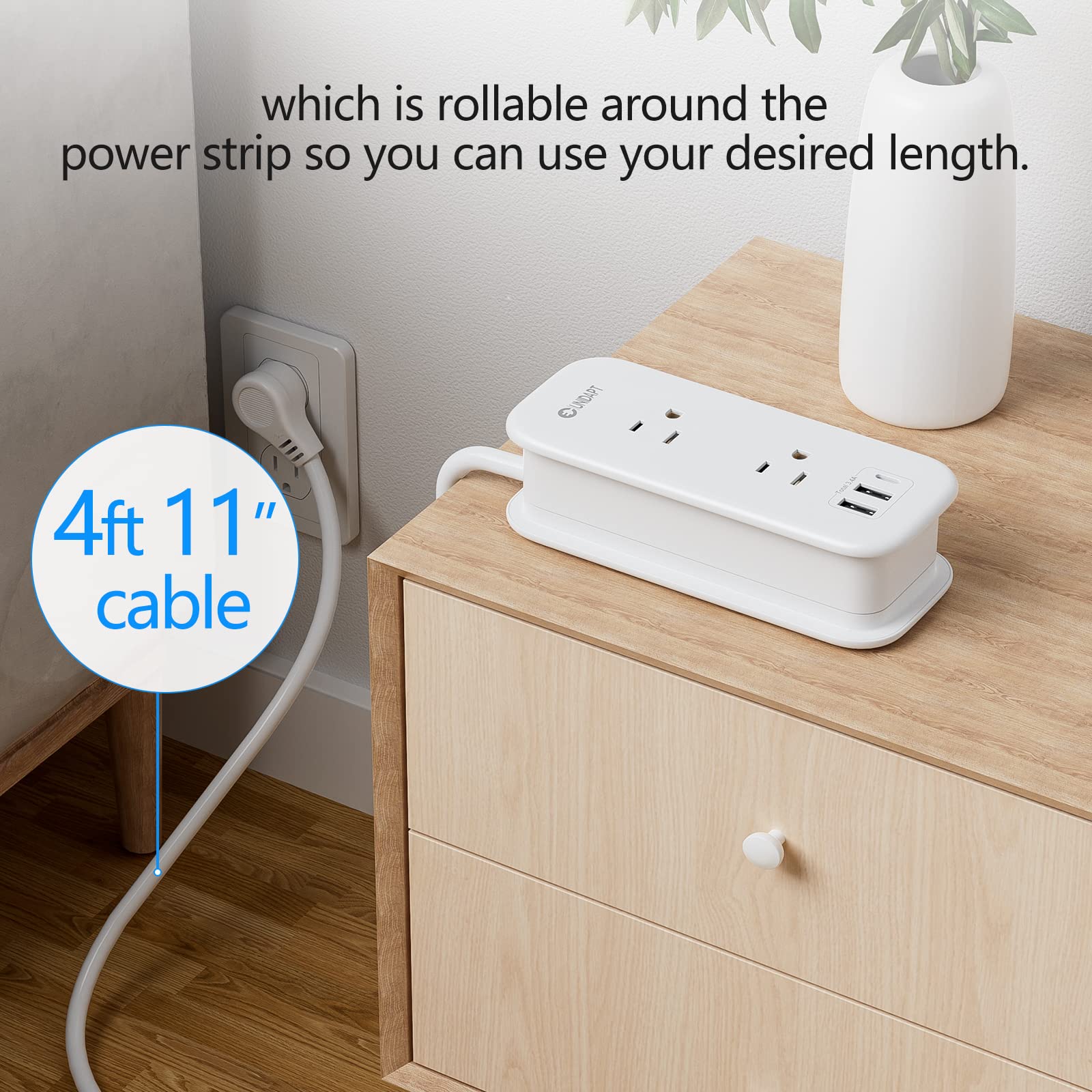 Power Strip with USB Ports, Unidapt Extension Cord Multiple Outlets, 4 ft Wrapped Around 2 Wall Outlets 3 1 C, No Surge Protector, Home Office Travel Cruise Must Have