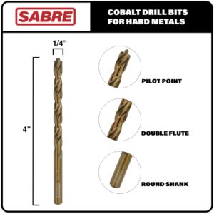 Sabre Tools 1/4 Inch Cobalt Drill Bits – 5pcs Drill Bits for Metal, M35 Cobalt Metal Drill Bit Set, Pilot Point Cobalt Drill Bits – Heavy-Duty Drill Bits for Steel, Hard Metal, Cast Iron (1/4" x 4")