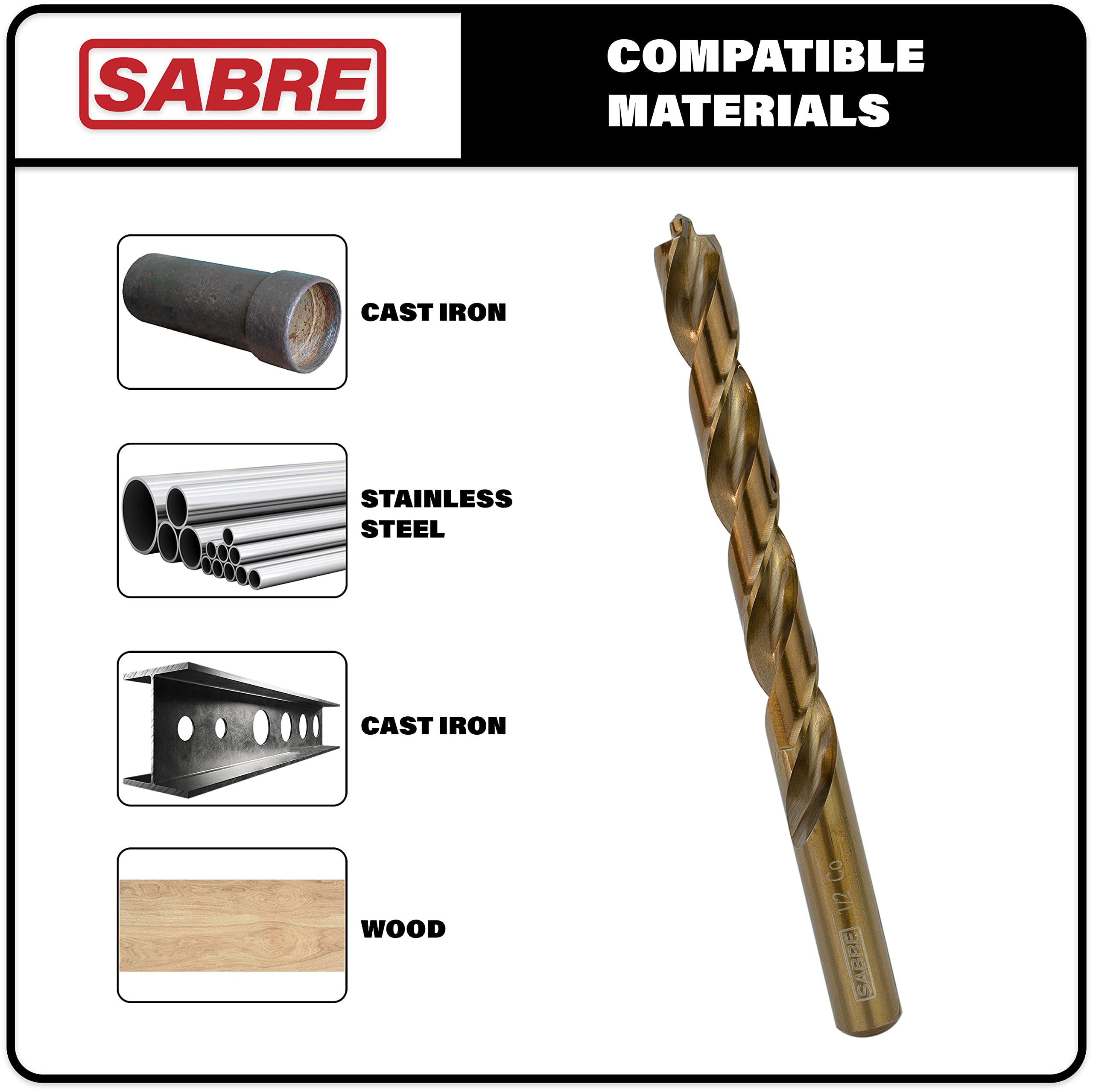 Sabre Tools 3/8 Inch Cobalt Drill Bits – 5pcs Drill Bits for Metal, M35 Cobalt Metal Drill Bit Set, Pilot Point Cobalt Drill Bits – Heavy-Duty Drill Bits for Steel, Hard Metal, Cast Iron (3/8" x 5")