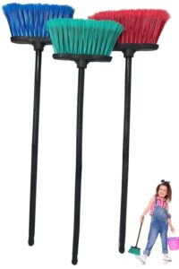 set of 3 kids mini short sweeper push broom for indoor outdoor with industrial grade fibers - assorted colors