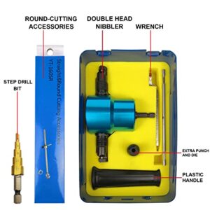 Double Headed Sheet Metal Nibbler, Drill Attachment Metal Cutter with Extra Punch and Die, Straight Curve and Circle Cutting Accessories and Step Drill Bit, 360 Degree Sheet Metal Nibbler