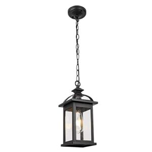 darkaway outdoor pendant light fixture lantern, hanging porch light with glass aluminum outdoor pendant lights for porch, patio, entryway (1 pack, black)