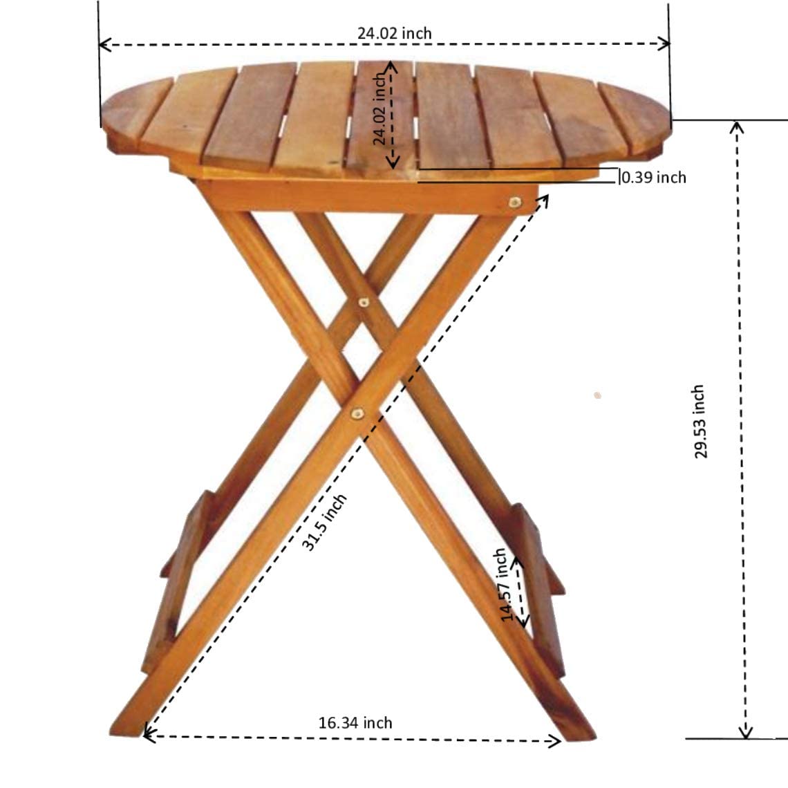 BTEXPERT 29.5" High Folding Solid Wood Acacia Outdoor Dining Natural Light Stain Finish Patio Deck Lawn Garden Backyard Wooden Adirondack Portable Side Stand Modern Accent Slat, One 24" Round Table