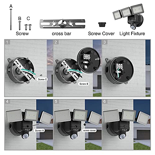SOLLA 5000LM Dusk to Dawn Motion Sensor Security Light, 5000K Motion Security Light Outdoor, Hardwired, IP65 Waterproof, 3 Head Motion Detector Floodlight for Yard, Patio, Porch