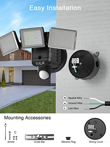 SOLLA 5000LM Dusk to Dawn Motion Sensor Security Light, 5000K Motion Security Light Outdoor, Hardwired, IP65 Waterproof, 3 Head Motion Detector Floodlight for Yard, Patio, Porch