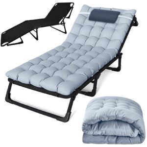 4 position reclining chaise lounge chair with mattress and pillow for outside, folding camping cot for adults, portable foldable sleeping bed lounger outdoor for patio yard lawn beach pool sun tanning