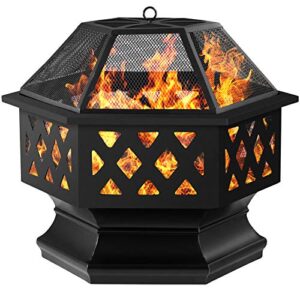 AMAGABELI GARDEN & HOME Fire Pit Outdoor Wood Burning Cast Iron Fire Bowl 24in Fireplace Extra Deep Large Round Outside Backyard Deck Camping Heavy Duty Metal Grate Rustproof BG535