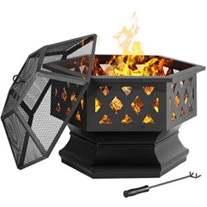 AMAGABELI GARDEN & HOME Fire Pit Outdoor Wood Burning Cast Iron Fire Bowl 24in Fireplace Extra Deep Large Round Outside Backyard Deck Camping Heavy Duty Metal Grate Rustproof BG535