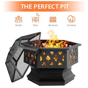 AMAGABELI GARDEN & HOME Fire Pit Outdoor Wood Burning Cast Iron Fire Bowl 24in Fireplace Extra Deep Large Round Outside Backyard Deck Camping Heavy Duty Metal Grate Rustproof BG535