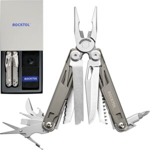 rocktol multitool,19-in-1 multitool pliers with titanium-plated handle, safety locking, lightweight edc tool and nylon sheath for gifts,men,outdoor survival,hiking,camping