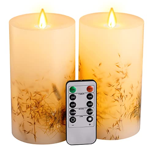 OREiN Flickering Flameless Candles with Remote, Real Wax Battery Operated Candles with Timer, Embedded Dried Flowers Battery Candles Flickering, LED Candles for Home Decorations, D 3.25" x H 6" 2 Pack