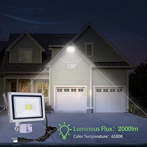 HANNAHONG 20W LED Motion Sensor Flood Light Plug in,PIR Induction Lamp,Dusk to Dawn Outdoor Auto ON/Off Spot,Security,Work Light,6500K Daylight,IP66 Waterproof,for Garage Yard Patio Porch Lighting