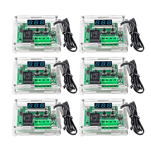 6pcs W1209 12V DC Digital Temperature Controller Board with Case Micro Digital Thermostat -50-110°C Electronic Temperature Temp Control Module Switch with 10A One-Channel Relay and Waterproof Blue