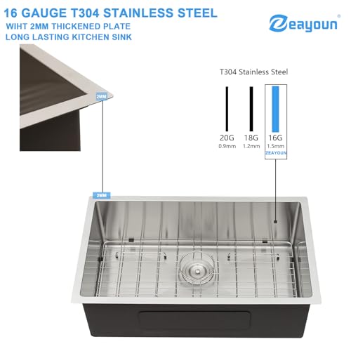 Zeayoun 33 Inch Kitchen Sinks Undermount - 33 x 19 Stainless Steel Single Bowl Undermount Kitchen Sink Deep Rectangular Large Under Counter Sink with Rounded Corner, 33 x 19 x 9 Inch