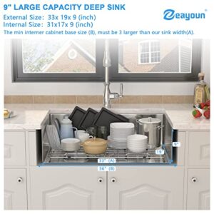 Zeayoun 33 Inch Kitchen Sinks Undermount - 33 x 19 Stainless Steel Single Bowl Undermount Kitchen Sink Deep Rectangular Large Under Counter Sink with Rounded Corner, 33 x 19 x 9 Inch