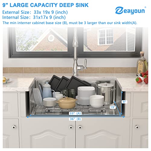 Zeayoun 33 Inch Kitchen Sinks Undermount - 33 x 19 Stainless Steel Single Bowl Undermount Kitchen Sink Deep Rectangular Large Under Counter Sink with Rounded Corner, 33 x 19 x 9 Inch