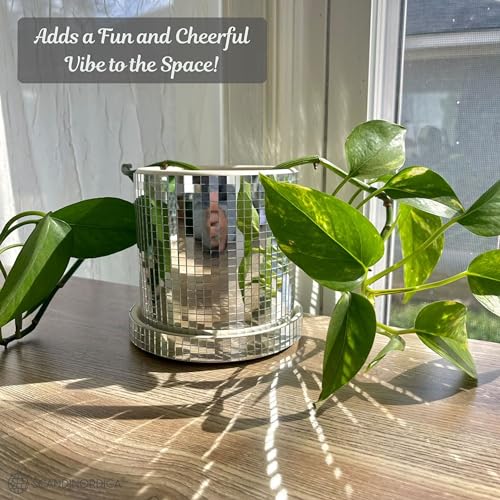 SCANDINORDICA Disco Ball Planter Pot - 4.3 inch Mirror Disco Ball Vase, Disco Planter, Ceramic Planter Pots Indoor with Drainage Hole and Saucer, Cute Desk Decor for Women | 0.2" Mirror Tiles