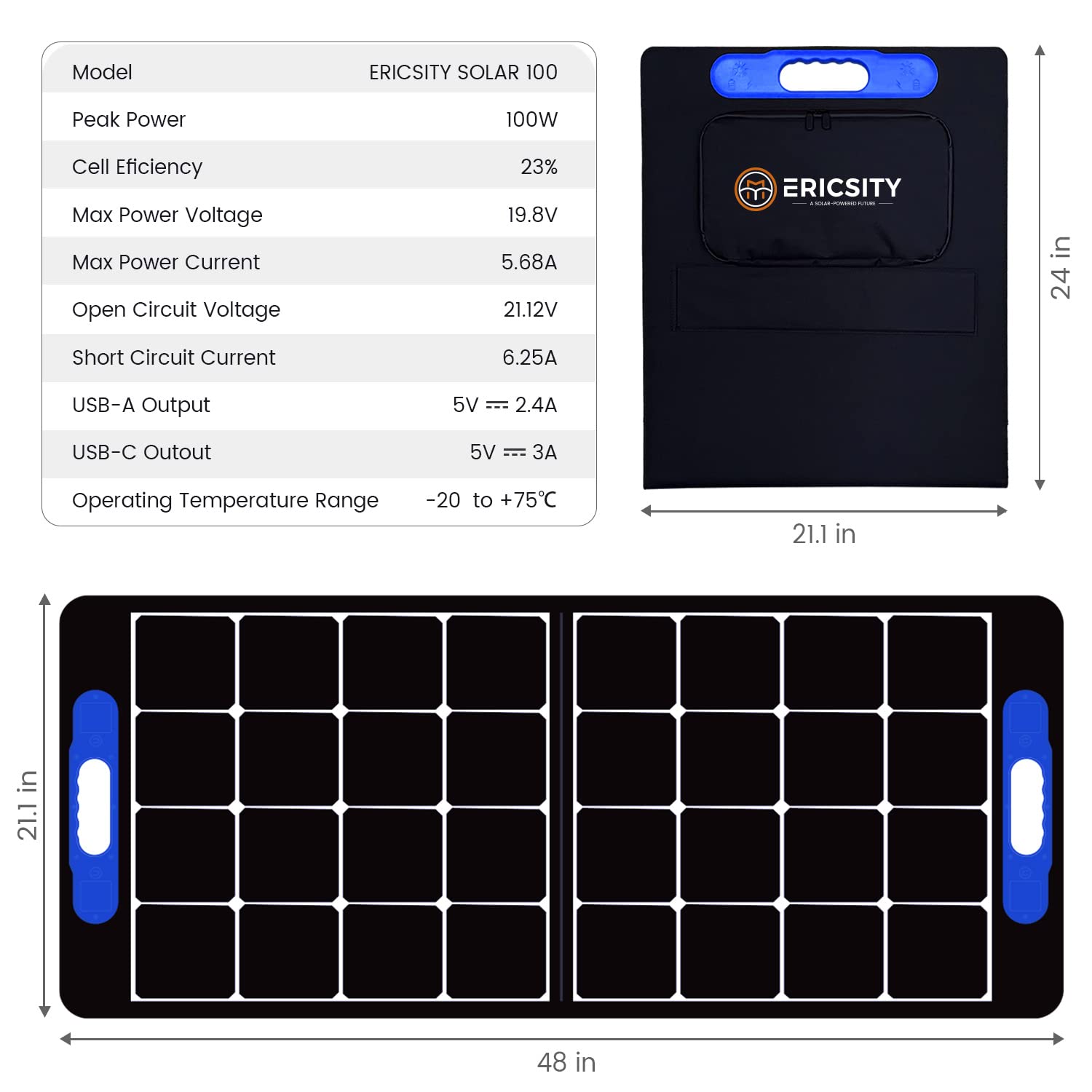 100w Solar Panel Portable, Ericsity Folding Solar Panel for Camping with SunPower Solar Panel Cells Portable Solar Charger Solar Panel for Power Station, Camping RV Hiking,Off-Grid Living or Backyard