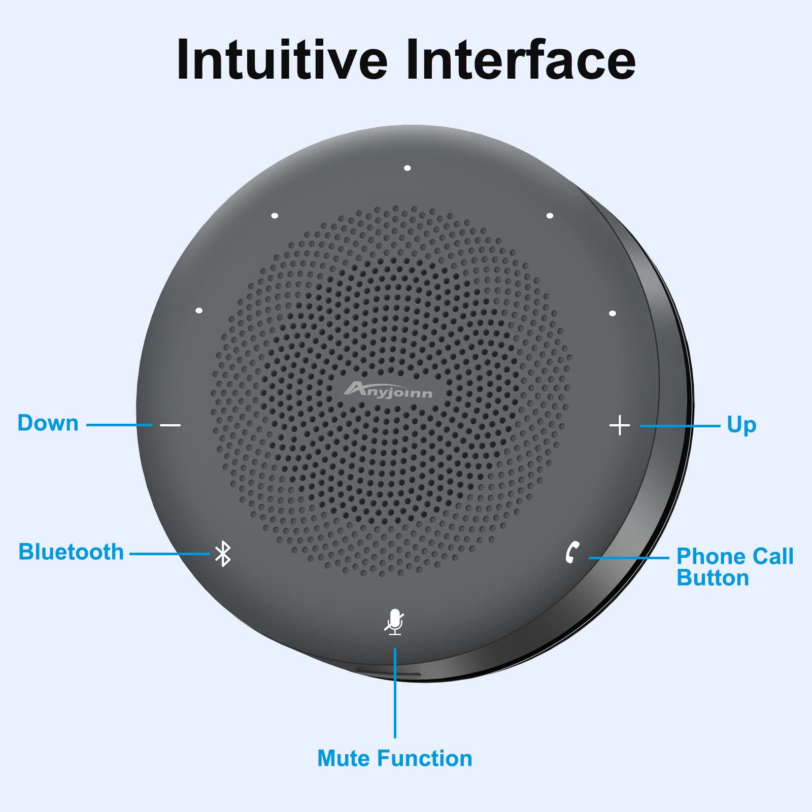 Anyjoinn Bluetooth Speakerphone with 6 Mics, USB Conference Speaker with Enhanced 360° Voice Pickup, Noise Reduction, Portable Speakerphone for Home Office, 3 Kinds of Connection, USB-C Plug and Play