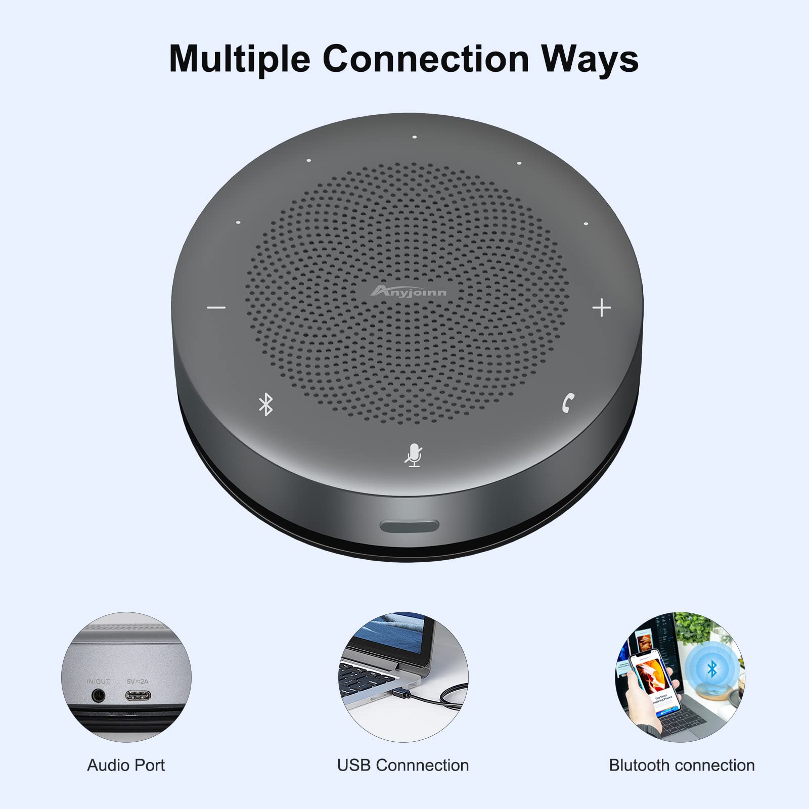 Anyjoinn Bluetooth Speakerphone with 6 Mics, USB Conference Speaker with Enhanced 360° Voice Pickup, Noise Reduction, Portable Speakerphone for Home Office, 3 Kinds of Connection, USB-C Plug and Play