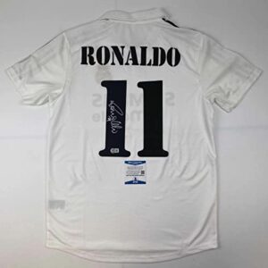 autographed/signed ronaldo nazario real madrid white soccer jersey beckett bas coa
