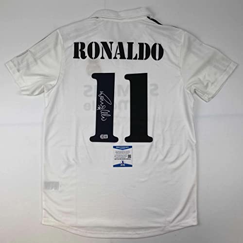 Autographed/Signed Ronaldo Nazario Real Madrid White Soccer Jersey Beckett BAS COA