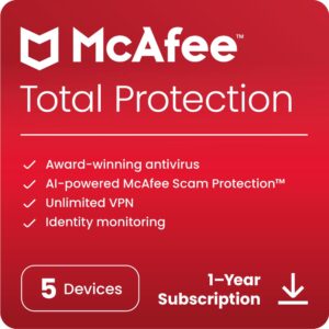 mcafee total protection 2024 ready | 5 device | cybersecurity software includes antivirus, secure vpn, password manager, dark web monitoring | download