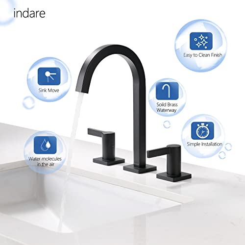 indare Matte Black Bathroom Faucet, 8 Inch Brass Widespread Bathroom Faucets for Sink 3 Hole, Bathroom Sink Faucet with Pop-Up Drain & Supply Lines, 110104-PB