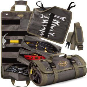 the ryker bag pro official tool roll organizer – 4 detachable tool pouches + wrench organizer, heavy duty tool bags for men + women roll up tool bag for mechanic/electrician tools storage