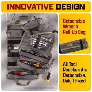 The Ryker Bag PRO Official Tool Roll Organizer – 4 Detachable Tool Pouches + Wrench Organizer, Heavy Duty Tool Bags for men + women Roll Up Tool Bag for Mechanic/Electrician Tools Storage