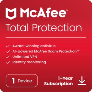 mcafee total protection 2024 ready | 1 device | cybersecurity software includes antivirus, secure vpn, password manager, dark web monitoring | download