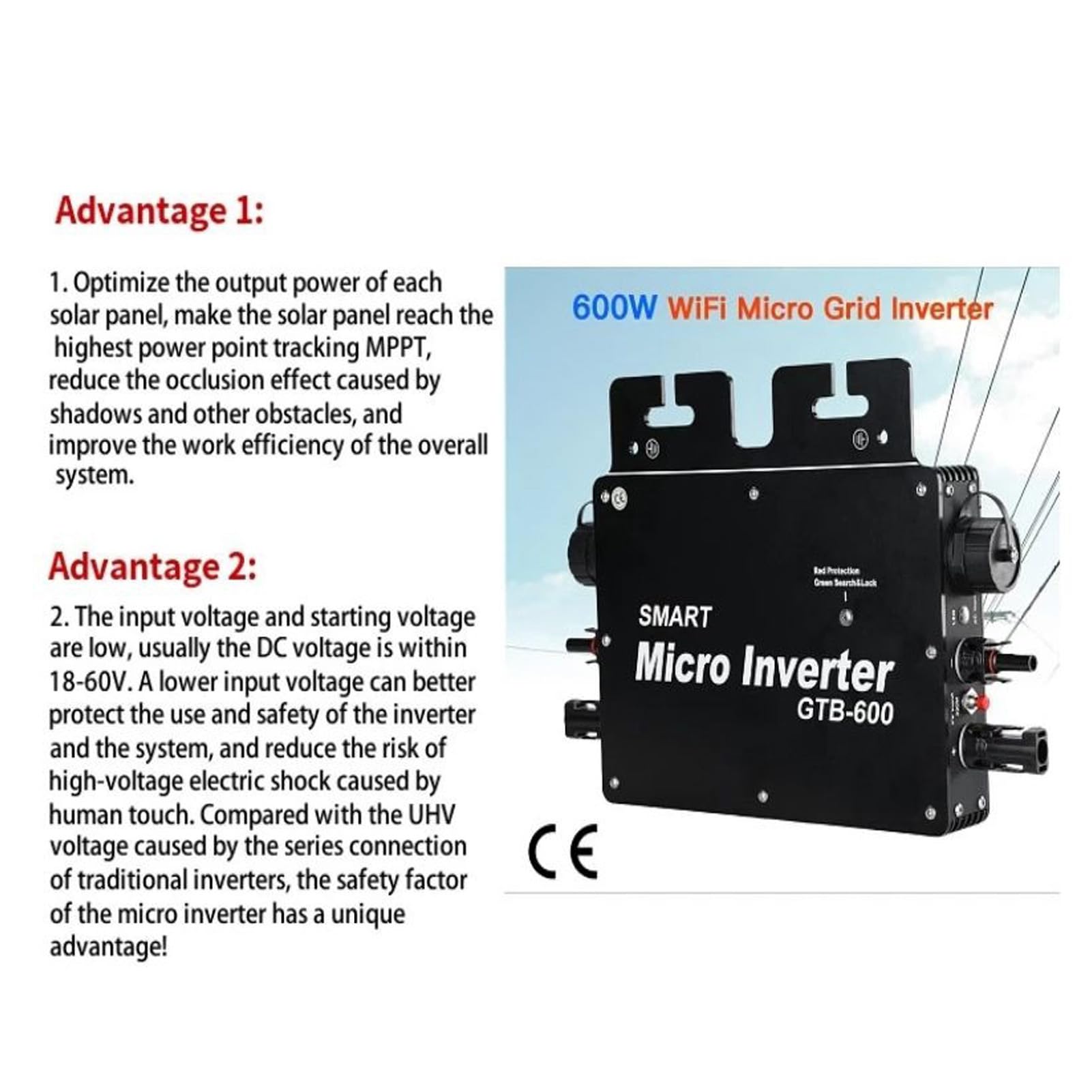 600W WiFi Control Power Inverters Automatic Identification Solar Power Grid Tie Micro Inverter AC120 230V(Black US Plug)